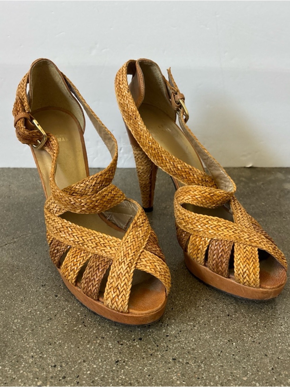 Stuart Weitzman Bradford Woven Heels - Tan Brown